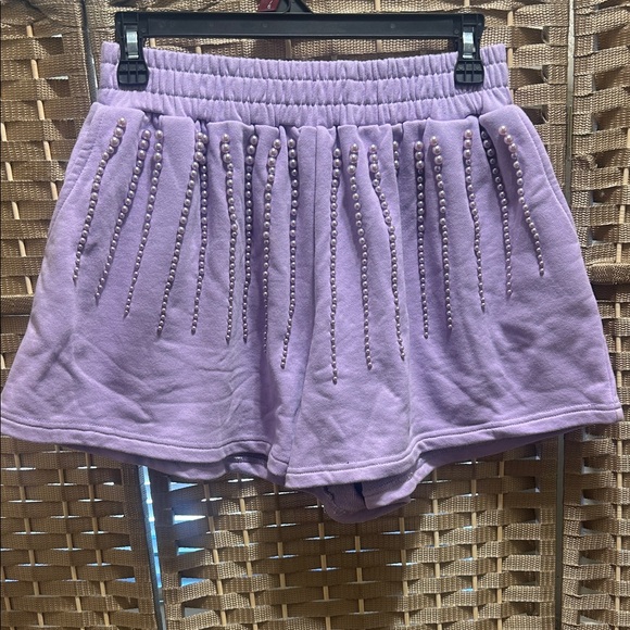 QUEEN OF SPARKLES Lavender High-Waist Studded Flutter Shorts - Picture 2 of 8